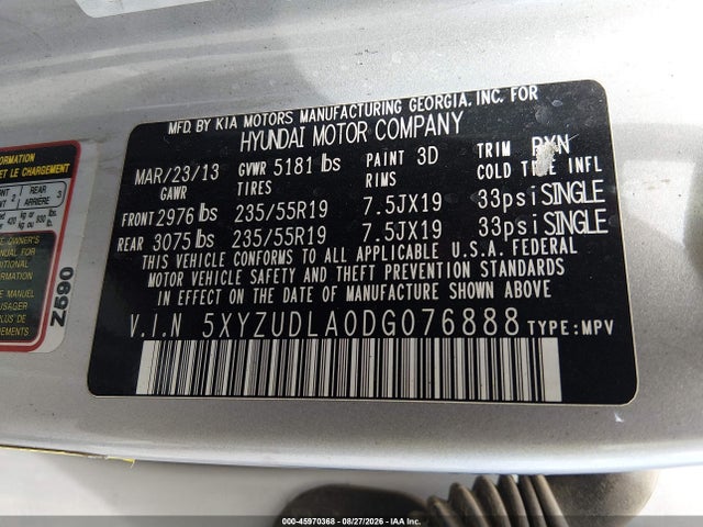 45970368 :رقم المزاد ، 5XYZUDLA0DG076888 vin ، 2013 Hyundai Santa Fe Sport 2.0t مزاد بيع