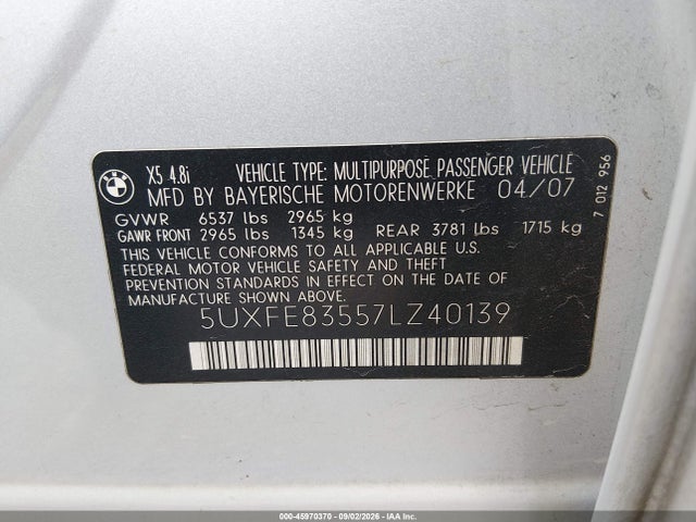 45970370 :رقم المزاد ، 5UXFE83557LZ40139 vin ، 2007 Bmw X5 4.8i مزاد بيع