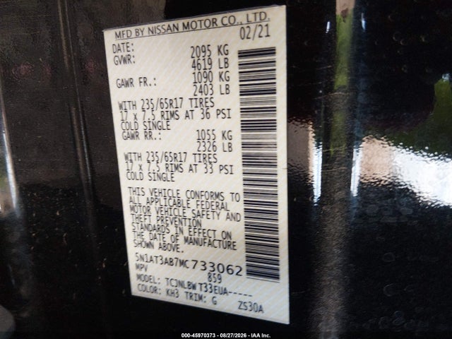 45970373 :رقم المزاد ، 5N1AT3AB7MC733062 vin ، 2021 Nissan Rogue S Intelligent Awd مزاد بيع