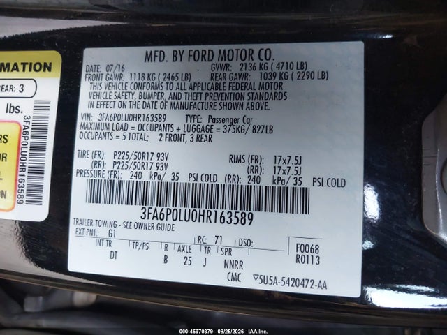 3FA6P0LU0HR163589 Ford Fusion Hybrid Se