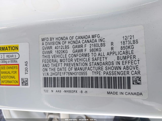 Honda CIVIC EX 2022 2HGFE1F76NH310955 Image 9