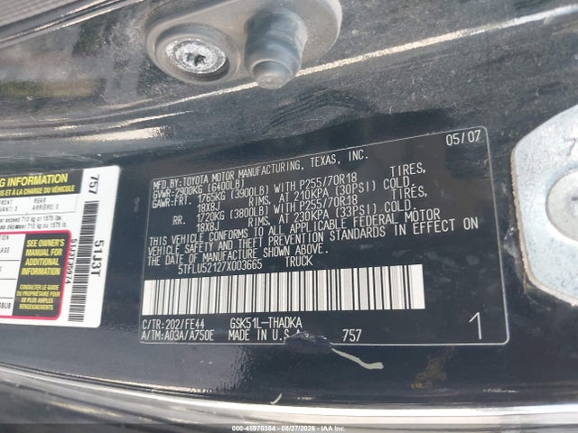 2007 Toyota Tundra Base V6 მანქანა იყიდება აუქციონზე, vin: 5TFLU52127X003665, აუქციონის ნომერი: 45970384