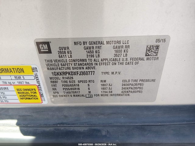 1GKKRPKDXFJ360777 GMC Acadia Sle-2