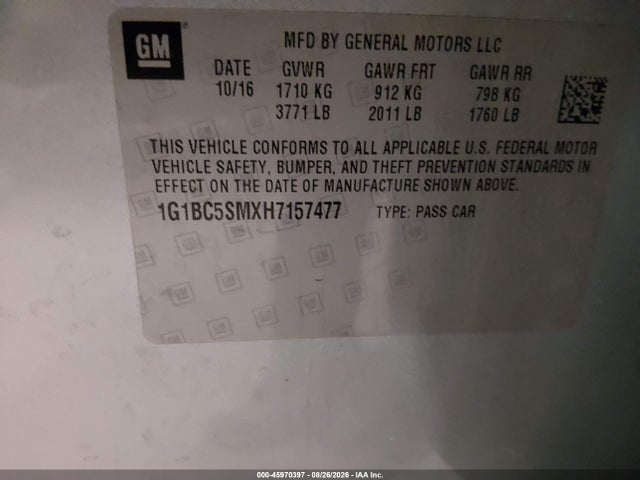 45970397 :رقم المزاد ، 1G1BC5SMXH7157477 vin ، 2017 Chevrolet Cruze Ls Auto مزاد بيع