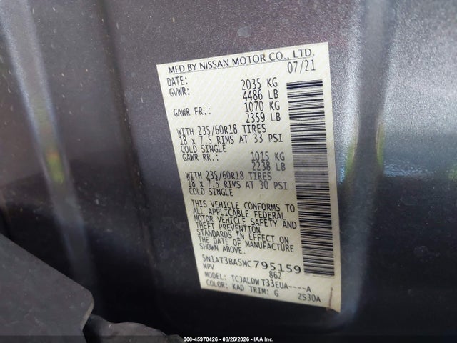 2021 Nissan Rogue Sv Fwd მანქანა იყიდება აუქციონზე, vin: 5N1AT3BA5MC795159, აუქციონის ნომერი: 45970426