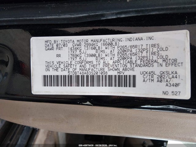 Aukcja sprzedaży 2003 Toyota Sequoia Limited V8, vin: 5TDBT48A83S201098, numer aukcji: 45970439