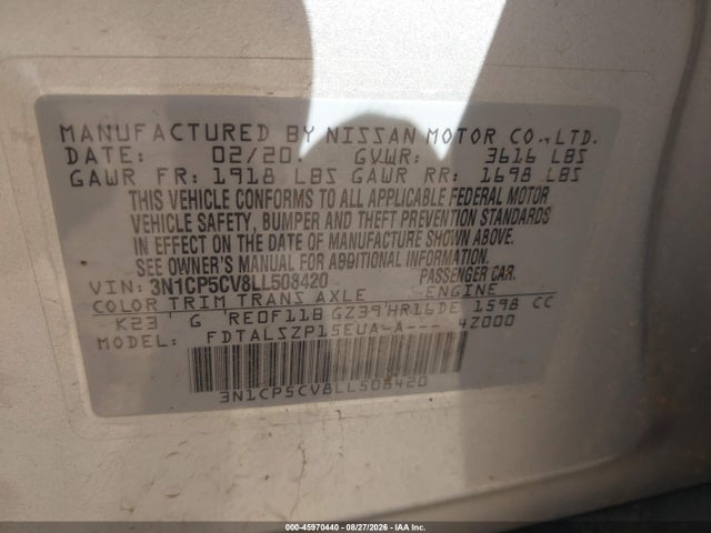 Продаж на аукціоні авто 2020 Nissan Kicks Sv Xtronic Cvt, vin: 3N1CP5CV8LL508420, номер лоту: 45970440