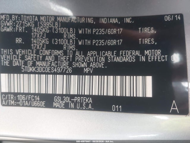 2014 Toyota Sienna Le V6 8 Passenger მანქანა იყიდება აუქციონზე, vin: 5TDKK3DC0ES497726, აუქციონის ნომერი: 45970441