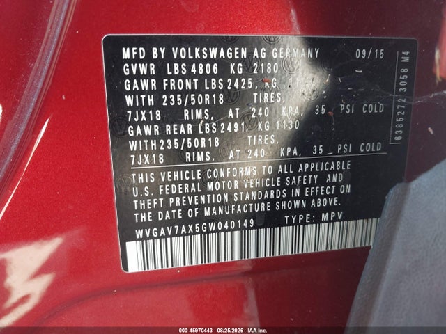 2016 Volkswagen Tiguan Se მანქანა იყიდება აუქციონზე, vin: WVGAV7AX5GW040149, აუქციონის ნომერი: 45970443