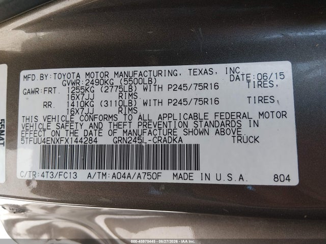 Aukcja sprzedaży 2015 Toyota Tacoma Base V6, vin: 5TFUU4ENXFX144284, numer aukcji: 45970445