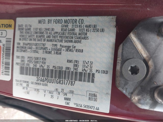 Продажа на аукционе авто 2016 Ford Fusion Hybrid S, vin: 3FA6P0UU1GR317787, номер лота: 45970452