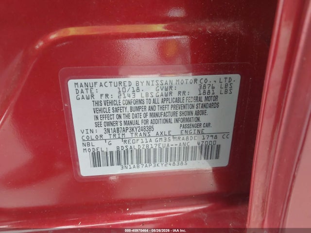 45970464 :رقم المزاد ، 3N1AB7AP3KY248385 vin ، 2019 Nissan Sentra Sv مزاد بيع