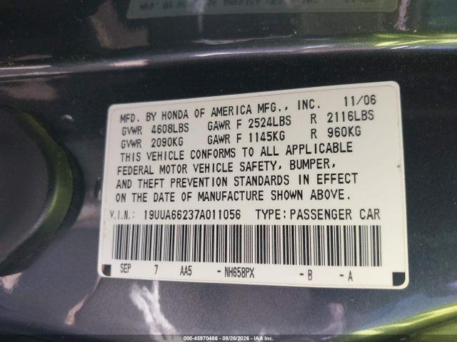 Auction sale of the 2007 Acura Tl 3.2, vin: 19UUA66237A011056, lot number: 45970466