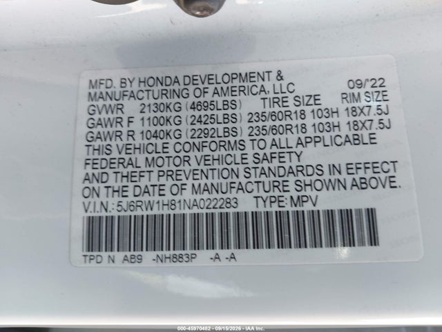 Продаж на аукціоні авто 2022 Honda Cr-v 2wd Ex-l, vin: 5J6RW1H81NA022283, номер лоту: 45970482