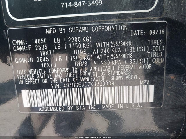Aukcja sprzedaży 2019 Subaru Outback 3.6r Limited, vin: 4S4BSEJC7K3226039, numer aukcji: 45970499