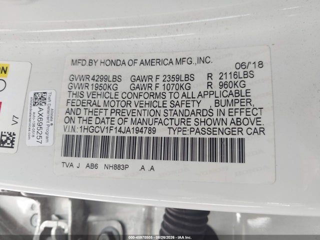 2018 Honda Accord Lx მანქანა იყიდება აუქციონზე, vin: 1HGCV1F14JA194789, აუქციონის ნომერი: 45970505