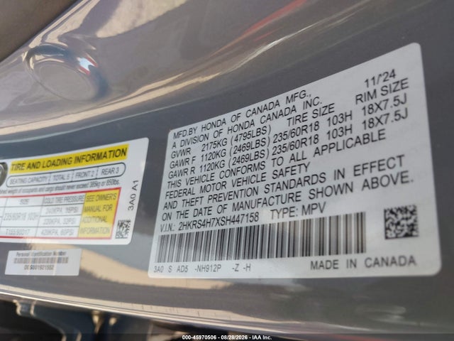2025 Honda Cr-v Ex-l Awd მანქანა იყიდება აუქციონზე, vin: 2HKRS4H7XSH447158, აუქციონის ნომერი: 45970506