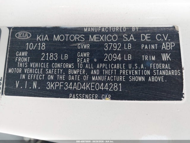 45970509 :رقم المزاد ، 3KPF34AD4KE044281 vin ، 2019 Kia Forte S مزاد بيع