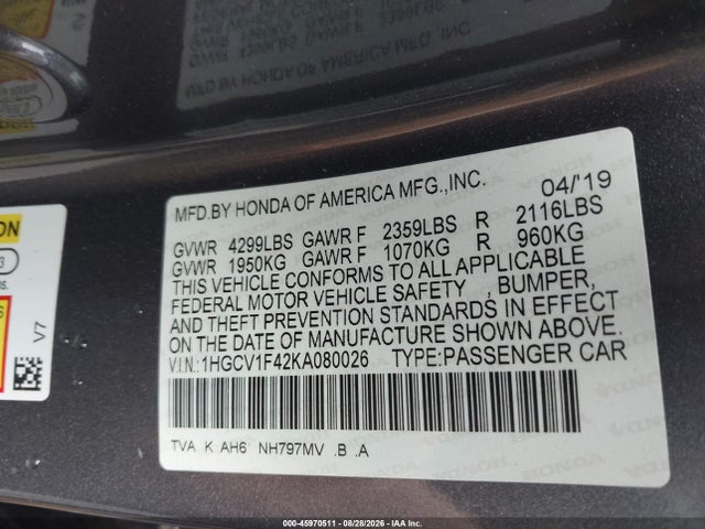 Продаж на аукціоні авто 2019 Honda Accord Ex, vin: 1HGCV1F42KA080026, номер лоту: 45970511