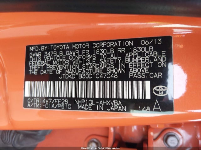 45970529 :رقم المزاد ، JTDKDTB30D1047048 vin ، 2013 Toyota Prius C Two مزاد بيع