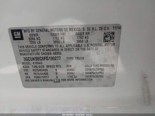 Aukcja sprzedaży 2015 Chevrolet Silverado 1500 Ltz, vin: 3GCUKSEC6FG199277, numer aukcji: 45970531