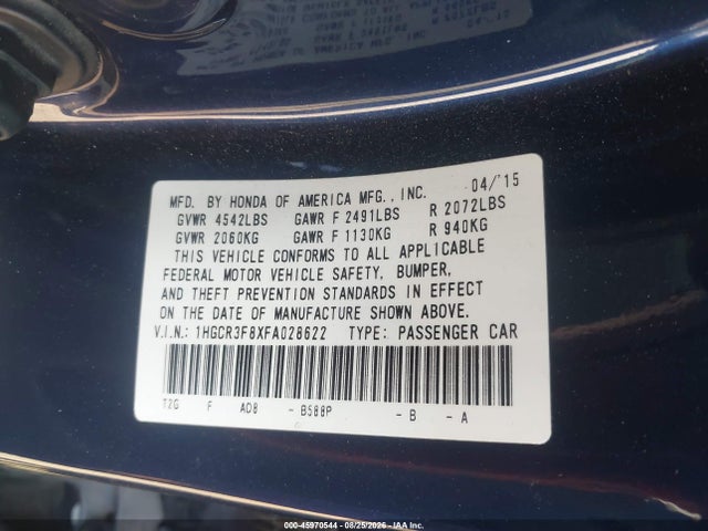 Honda Accord Ex-l V-6 2015 1HGCR3F8XFA028622 Image 9