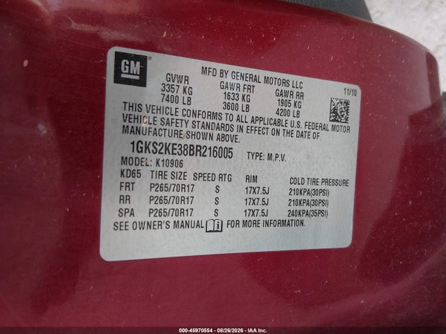 2011 Gmc Yukon Xl 1500 Slt მანქანა იყიდება აუქციონზე, vin: 1GKS2KE38BR216005, აუქციონის ნომერი: 45970554