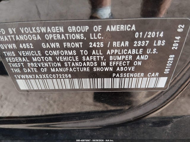 45970567 :رقم المزاد ، 1VWBN7A3XEC072256 vin ، 2014 Volkswagen Passat 2.0l Tdi Se مزاد بيع