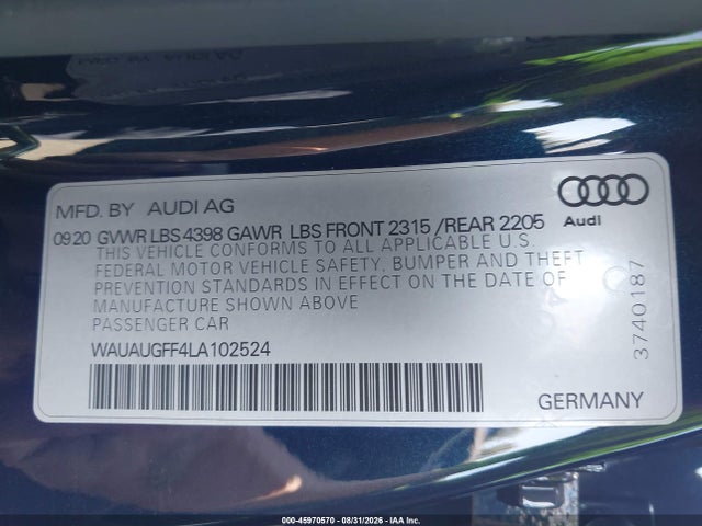 45970570 :رقم المزاد ، WAUAUGFF4LA102524 vin ، 2020 Audi A3 Premium 40 Tfsi Front-wheel Drive S Tronic مزاد بيع