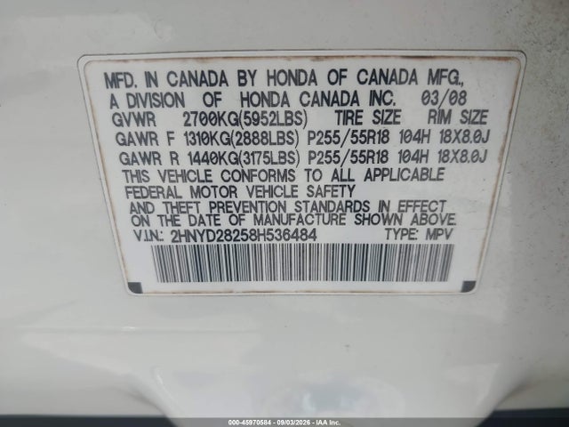 Auction sale of the 2008 Acura Mdx, vin: 2HNYD28258H536484, lot number: 45970584