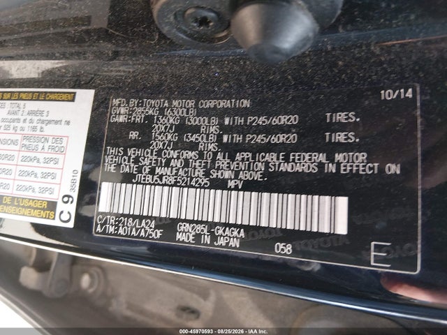 Aukcja sprzedaży 2015 Toyota 4runner Limited, vin: JTEBU5JR8F5214295, numer aukcji: 45970593