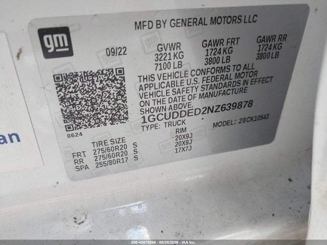 Продажа на аукционе авто 2022 Chevrolet Silverado 1500, vin: 1GCUDDED2NZ639878, номер лота: 45970596