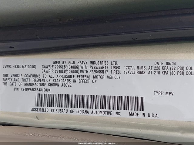 2005 Subaru Outback 3.0r L.l. Bean Edition მანქანა იყიდება აუქციონზე, vin: 4S4BP86C854310834, აუქციონის ნომერი: 45970599