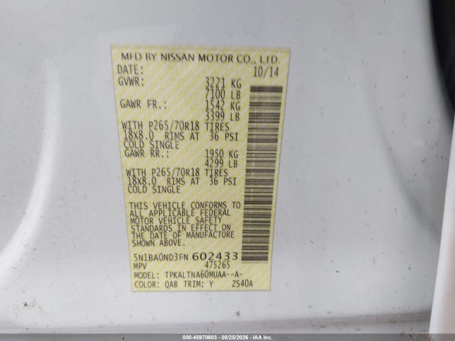 Продаж на аукціоні авто 2015 Nissan Armada Sv, vin: 5N1BA0ND3FN602433, номер лоту: 45970603