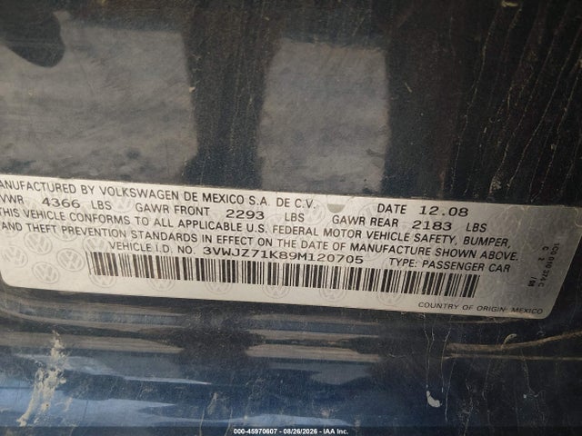 Aukcja sprzedaży 2009 Volkswagen Jetta S, vin: 3VWJZ71K89M120705, numer aukcji: 45970607