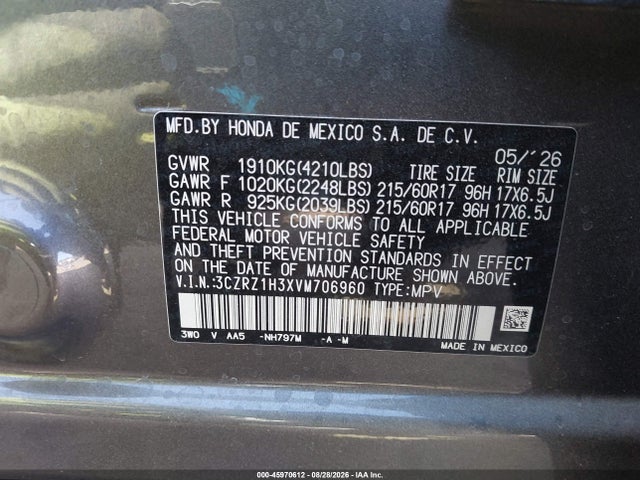 3CZRZ1H3XVM706960 Honda Hr-v Lx 2wd