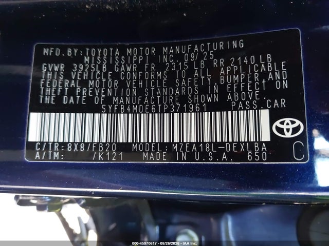 Продажа на аукционе авто 2026 Toyota Corolla Le, vin: 5YFB4MDE6TP371961, номер лота: 45970617