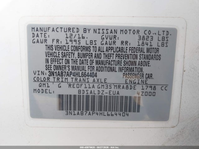2017 Nissan Sentra Sv მანქანა იყიდება აუქციონზე, vin: 3N1AB7AP4HL664404, აუქციონის ნომერი: 45970620