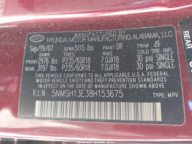 Продажа на аукционе авто 2008 Hyundai Santa Fe Limited/se, vin: 5NMSH13E38H153675, номер лота: 45970626