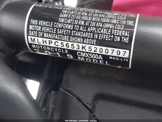 Продажа на аукционе авто 2019 Honda Cmx500 A, vin: MLHPC5653K5200797, номер лота: 45970638