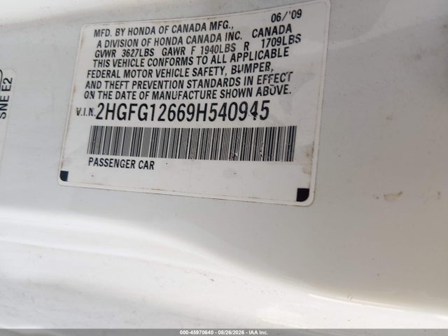 Aukcja sprzedaży 2009 Honda Civic Lx, vin: 2HGFG12669H540945, numer aukcji: 45970640