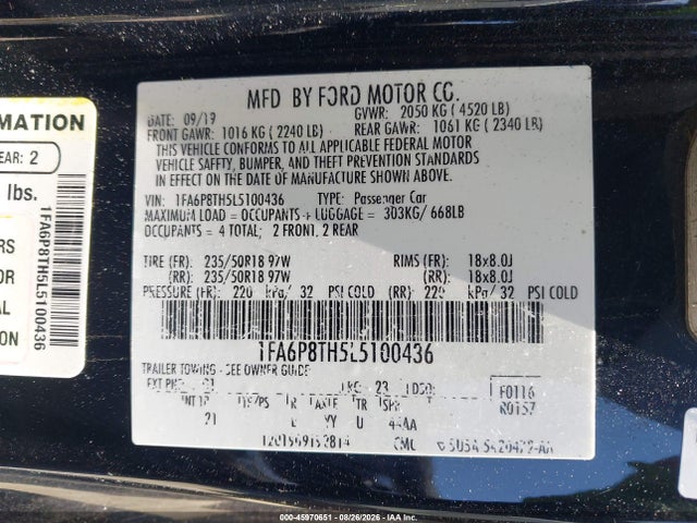 2020 Ford Mustang Ecoboost Fastback მანქანა იყიდება აუქციონზე, vin: 1FA6P8TH5L5100436, აუქციონის ნომერი: 45970651