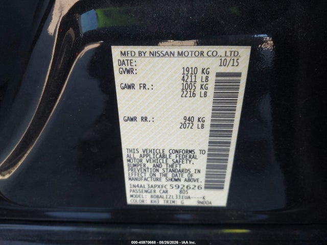 Продаж на аукціоні авто 2015 Nissan Altima 2.5 Sv, vin: 1N4AL3APXFC592626, номер лоту: 45970668