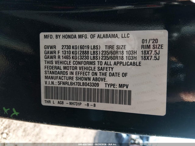 45970682 :رقم المزاد ، 5FNRL6H70LB043309 vin ، 2020 Honda Odyssey Ex-l/ex-l W/navi   Res مزاد بيع