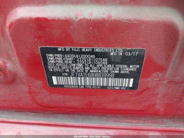 Aukcja sprzedaży 2017 Subaru Wrx Premium, vin: JF1VA1E68H8839998, numer aukcji: 45970686