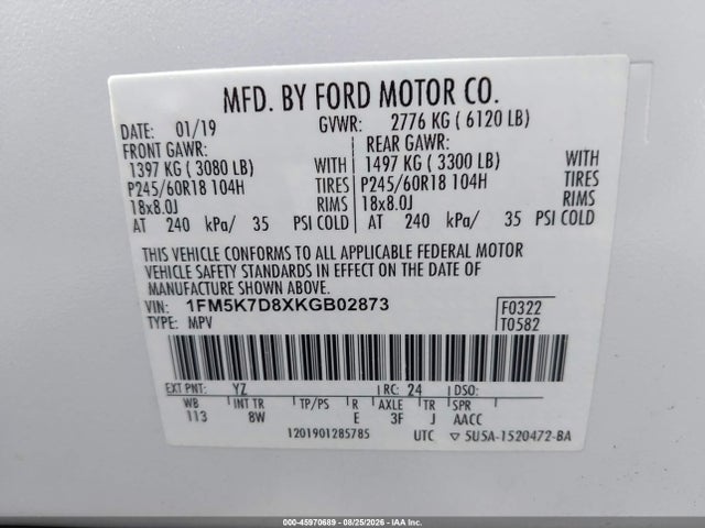 2019 Ford Explorer Xlt მანქანა იყიდება აუქციონზე, vin: 1FM5K7D8XKGB02873, აუქციონის ნომერი: 45970689