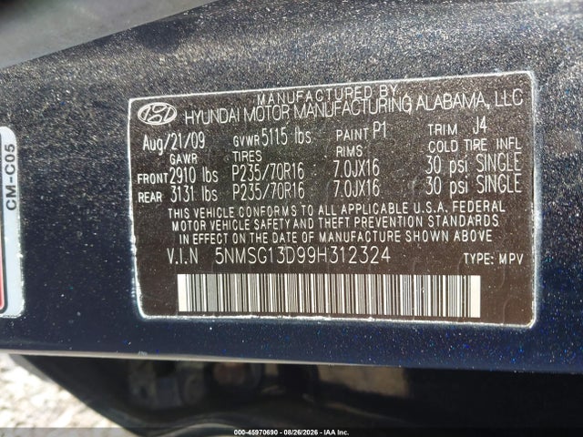 45970690 :رقم المزاد ، 5NMSG13D99H312324 vin ، 2009 Hyundai Santa Fe Gls مزاد بيع
