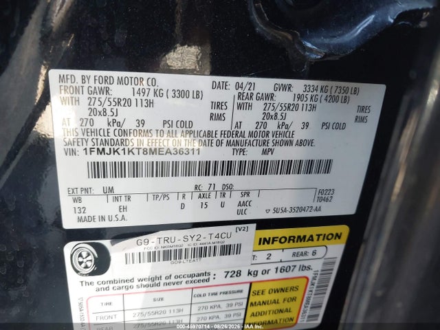 45970714 :رقم المزاد ، 1FMJK1KT8MEA36311 vin ، 2021 Ford Expedition Limited Max مزاد بيع