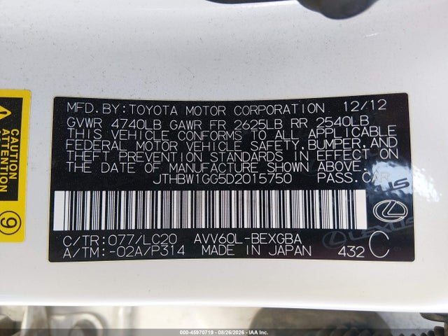 45970719 :رقم المزاد ، JTHBW1GG5D2015750 vin ، 2013 Lexus Es 300h مزاد بيع