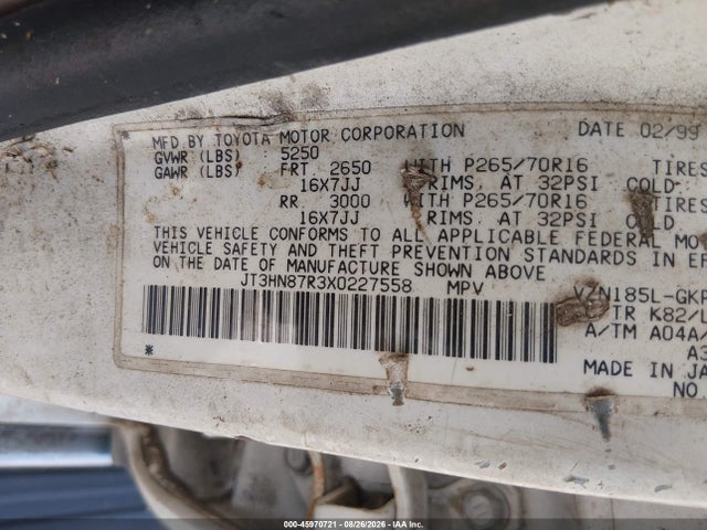 45970721 :رقم المزاد ، JT3HN87R3X0227558 vin ، 1999 Toyota 4runner Limited V6 مزاد بيع